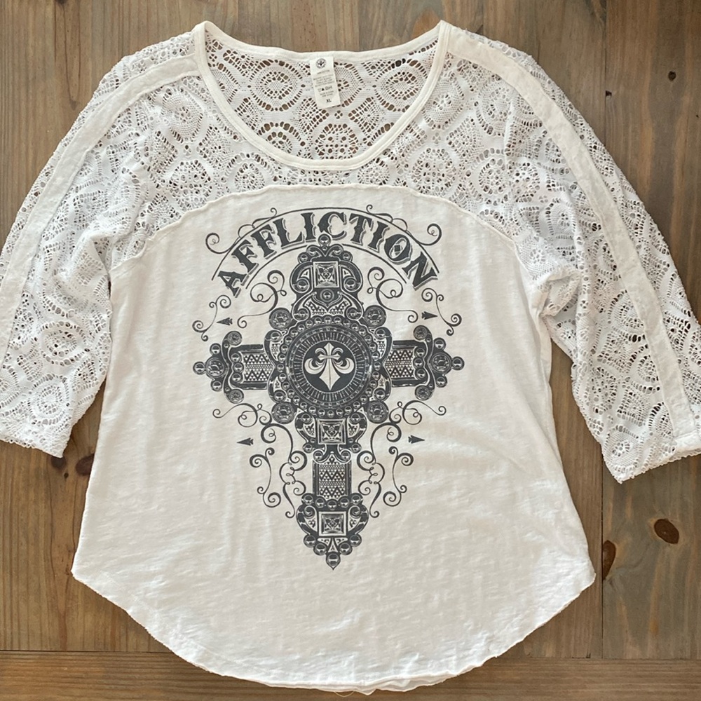 White 3/4 sleeve Affliction cotton lace top shirt.Size XL
